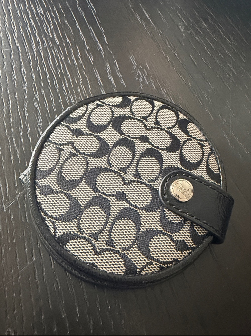 Coach Signature Black and Cream Round Snap Compact Mirror